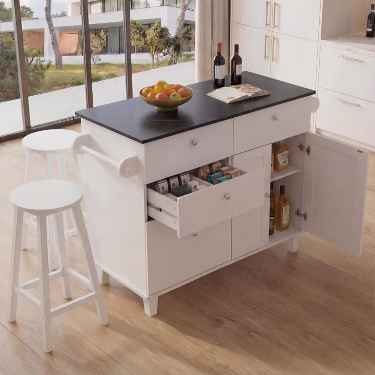 Mendler Keukeneiland HWC-P62 met 2 zitbankjes, wit met marmerlook en zwart, B/D/H: 131 x 90 x 47 cm