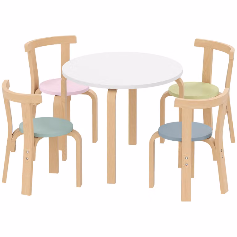 AIYAPLAY 5-delige Kindertafel- en Stoelset van Massief Hout, Meerkleurig, Tafel B: 60 cm, D: 60 cm, H: 50 cm, Stoelen B: 36 cm, D: 30 cm, H: 51 cm