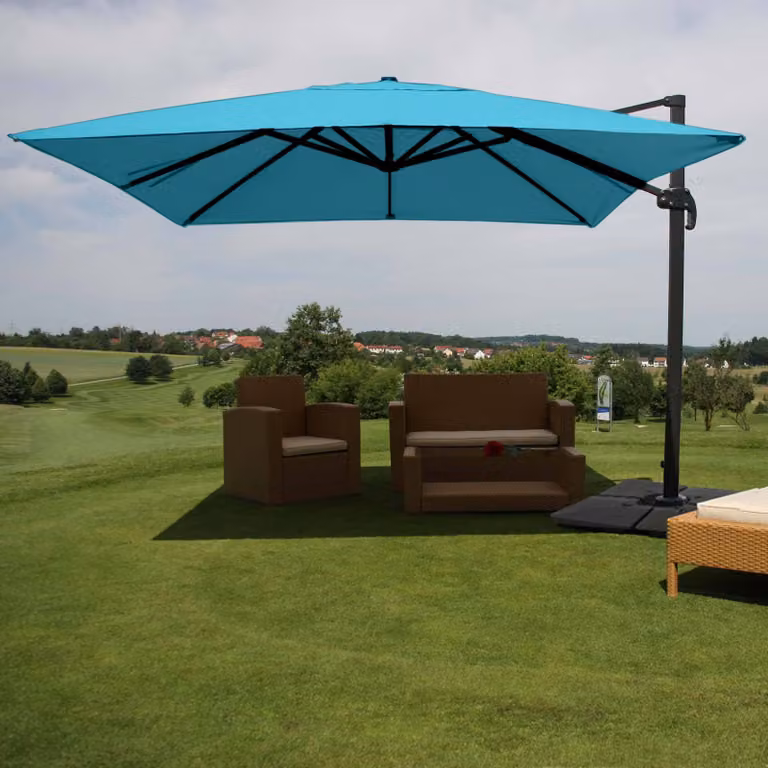 Mendler Gastronomie-scherm met pergola model HWC-A96, draaibare zonnescherm met standaard, turkois, 3x3 meter (diameter 4,24 meter)