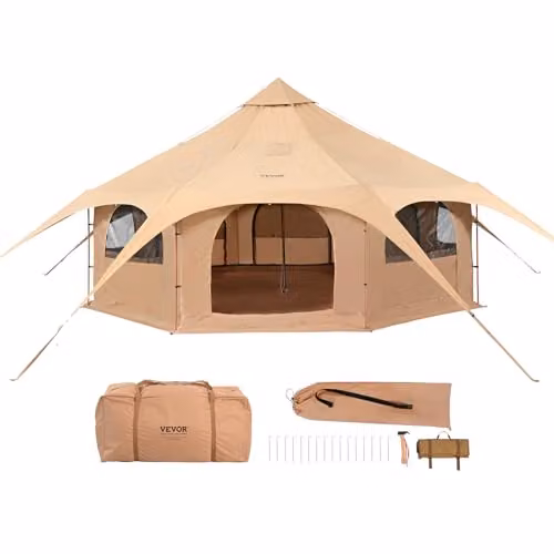 VEVOR Glampingtent voor 8 personen, beige tipi-tent van katoen en staal met grondzeil