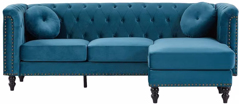 TURNER Omkeerbare hoekbank in petrol blauwgroen velours met losse kussens