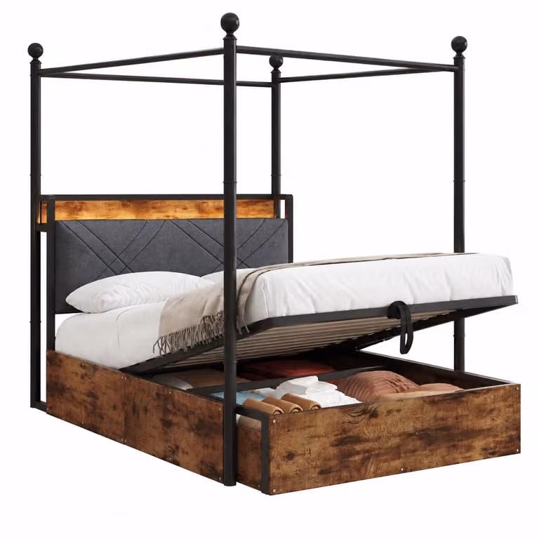 WUVRIE Hemelbed met opbergruimte, LED-verlichting en USB/Type-C aansluiting, metaal, zwart, 90 x 190 cm