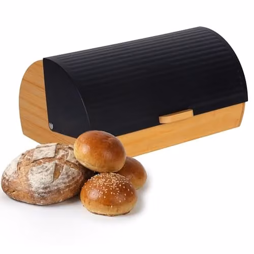 Relaxdays Bamboe broodtrommel met klapdeksel en ventilatie, zwart, B/D/H: 26,5 x 37,5 x 19 cm