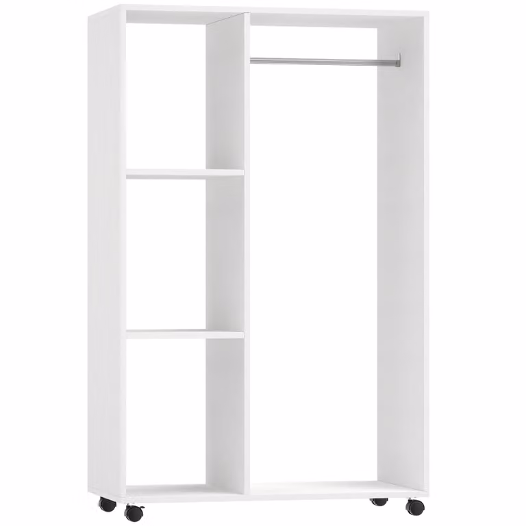 HOMCOM Mobiele Open Garderobe op Wielen, Verplaatsbaar Kledingrek, Wit, B/D/H: 80 x 40 x 128 cm