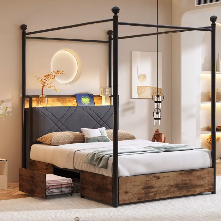 HAUSS SPOLE Metalen Hemelbed met Afneembaar Baldakijn, LED en USB-C, Zwart, B/D: 90 x 190 cm