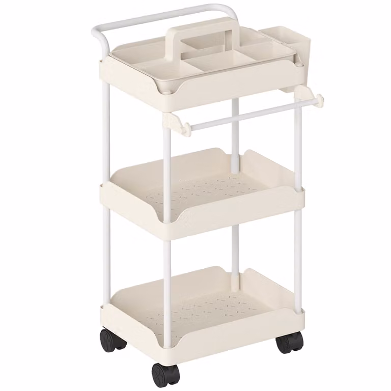 HOMCOM Opbergtrolley met 3 manden, hangmanden en handdoekhouder, wit metaal frame