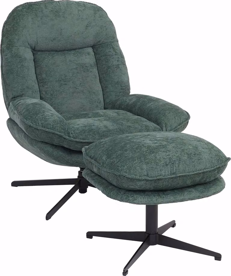 Mendler Relaxfauteuil met voetenbank HWC-P32, draaibare tv-fauteuil met Nosagvering en metalen frame, groen chenille stof