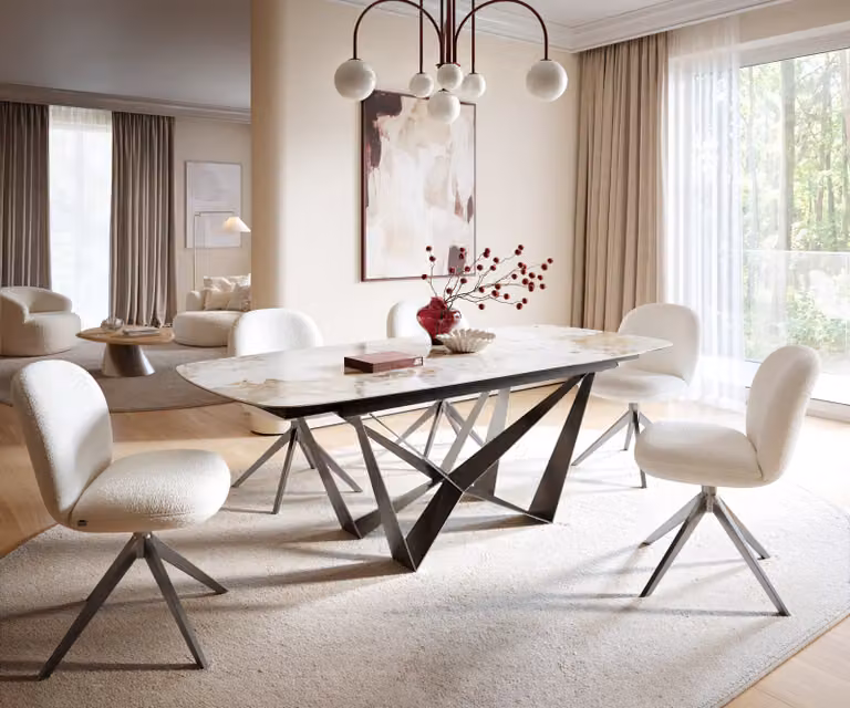 DELIFE Eettafel Edge Boot Keramiek Minas Melange Wit-Beige met RVS Grafiet Onderstel, Uitschuifbaar, 180-220 x 100 cm