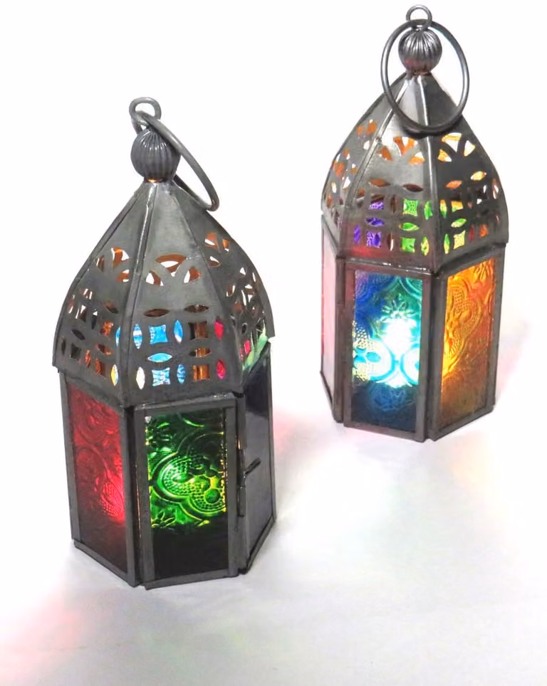 SnelShoppen Set van 2 Marokkaanse mini lantaarn theelichthouders met veelkleurig glas