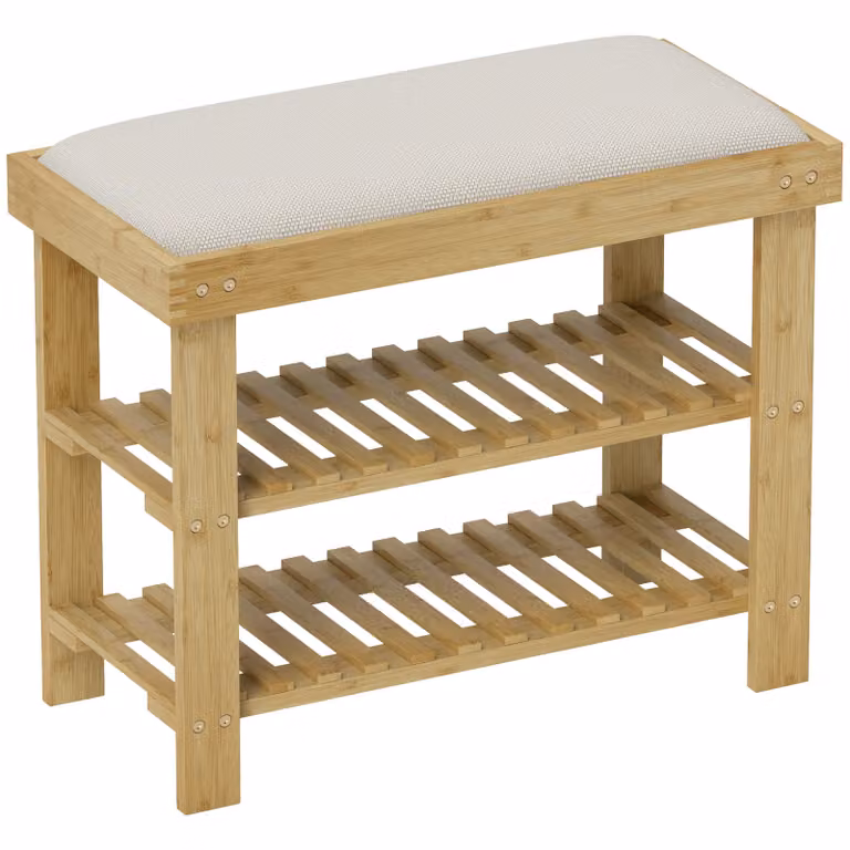 HOMCOM Schoenenbank van Bamboe met 2 Open Vakken en Zitkussen, Crèmewit, B: 60 cm, D: 29 cm, H: 49 cm
