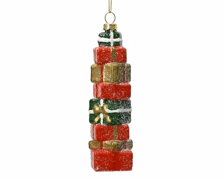 Rode kersthanger cadeau stapel van glas en plastic, Hoogte: 9,5 cm