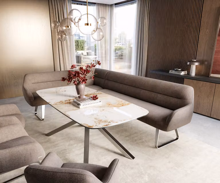 DELIFE Eetkamerbank Taya-Flex L-vormig met gestructureerde stof in beige, bruin en zilver, B/D/H: 282 x 190 x 87 cm