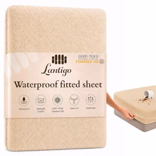Lantigo Waterdicht Hoeslaken van Badstof in Beige, 70 x 140 cm, Molton