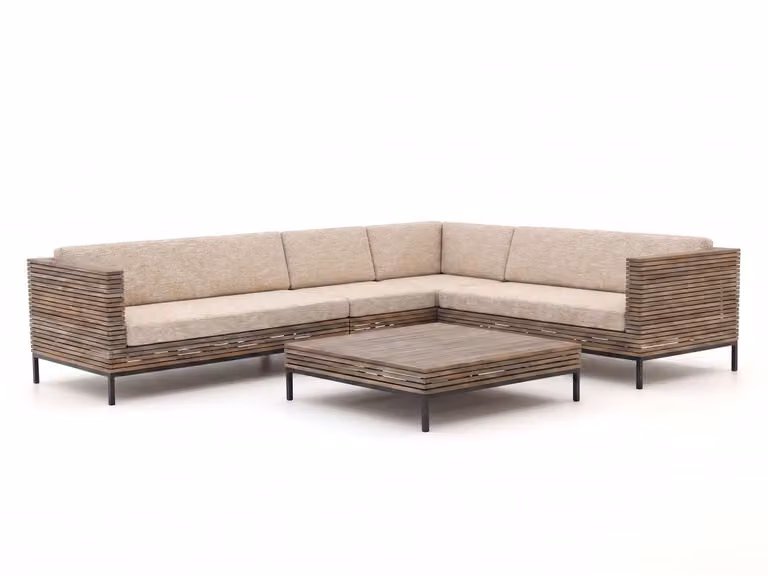 ROUGH Furniture Hoek loungeset voor 6 personen in Old Teak Greywash met aluminium frame en stoffen kussens