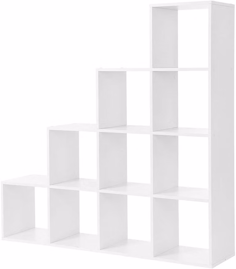 Wit Boekenkast met 10 vakken en stevig houten frame, B/D/H: 129,5 x 29 x 129,5 cm