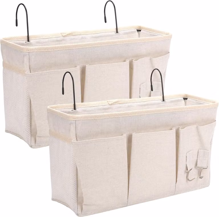 Set van 2 hangende nachtkastjes met 3 vakken, bedorganizer voor slaapkamer, school of camping, wit