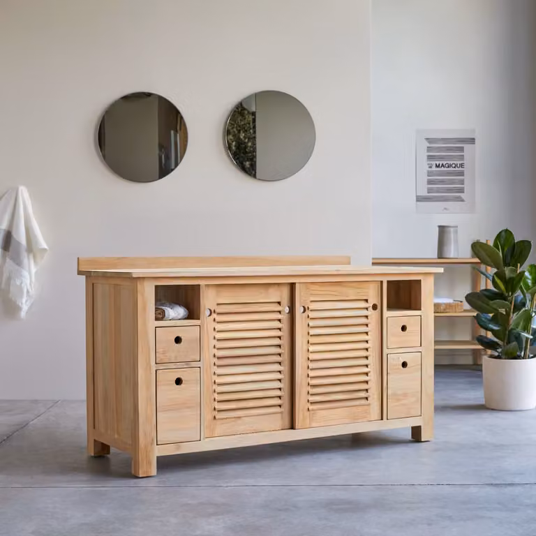 Tikamoon Coline Opbergmeubel in massief teak met schuifdeuren - Bruin - B: 145 cm, D: 57 cm, H: 80 cm