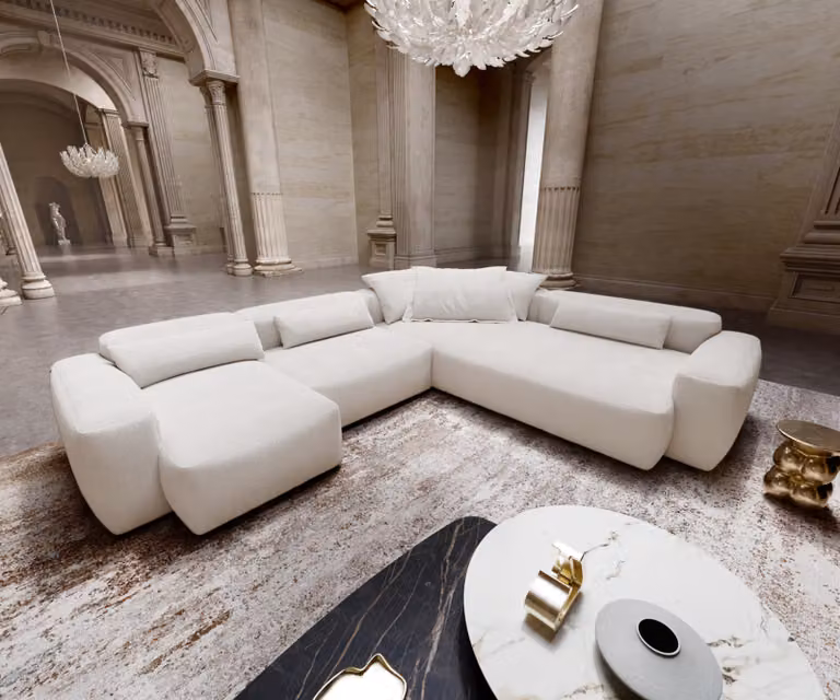DELIFE Moderne L-vormige Bank in Beige Bouclé met Losse Rugkussens en Zitkussens B: 360 cm, D: 290 cm