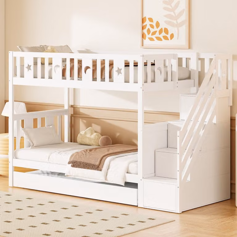 REDOM Stapelbed voor kinderen met uittrekbed, opbergtrap en sterren- en maanmotief, Wit, 90x200 cm