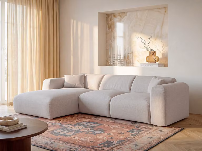 POGNI Grote expres slaapbank met hoek links in gespikkeld beige stof met 16 cm traagschuim matras