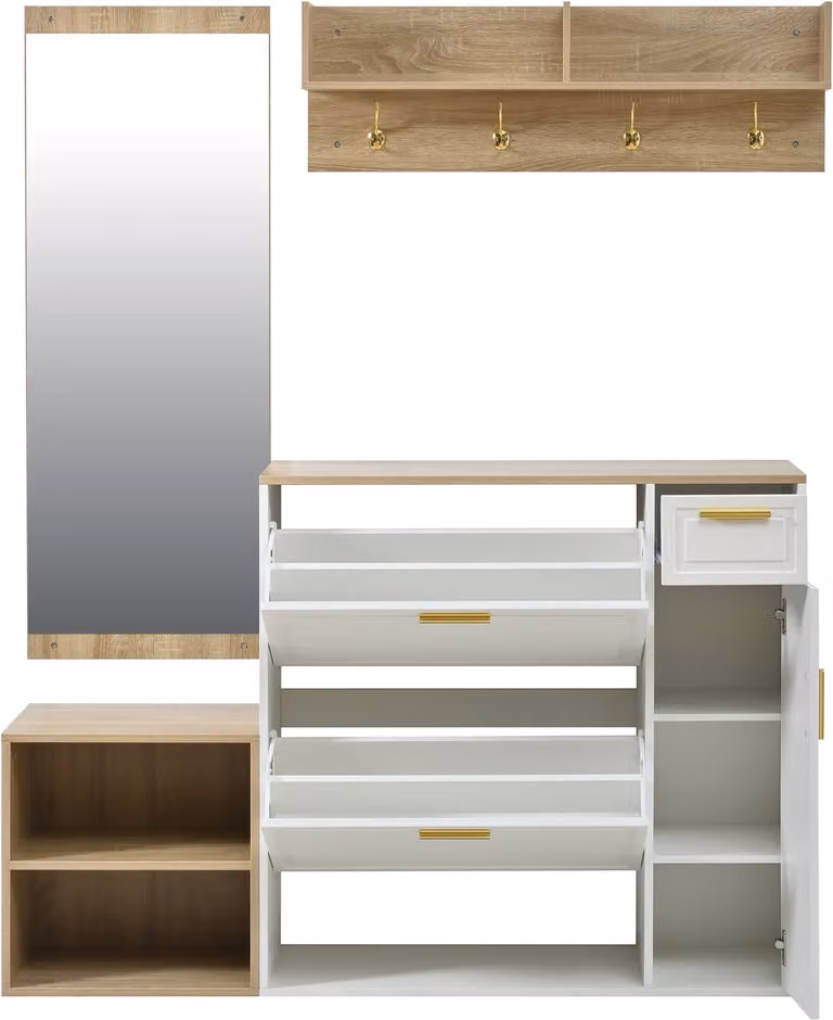MUVANO 4-delige halmeubelset met schoenenkast, zitbank en spiegel - Wit/Naturel - B/D/H: 139,5 x 35 x 166 cm