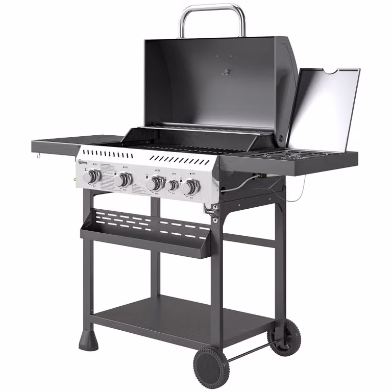 Outsunny Gasgrill met 4 hoofdbranders, 1 zijbrander en 1 warmhoudplaat, Zwart, B/D/H: 135 x 55 x 103 cm