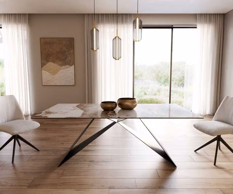 DELIFE Eetkamertafel Edge Keramiek Minas Melange Wit-Beige met Zwart V-frame B: 200 cm, D: 100 cm