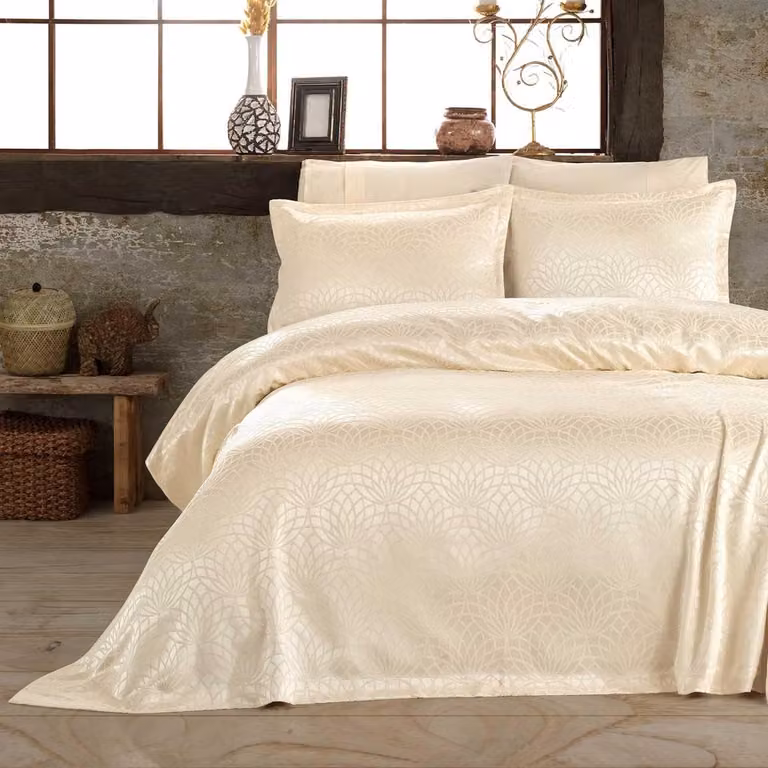 ELART Beddensprei met 2 kussenslopen, Jacquard Chenille Stof, Cappuccino, B/D: 220 x 240 cm en 50 x 70 cm