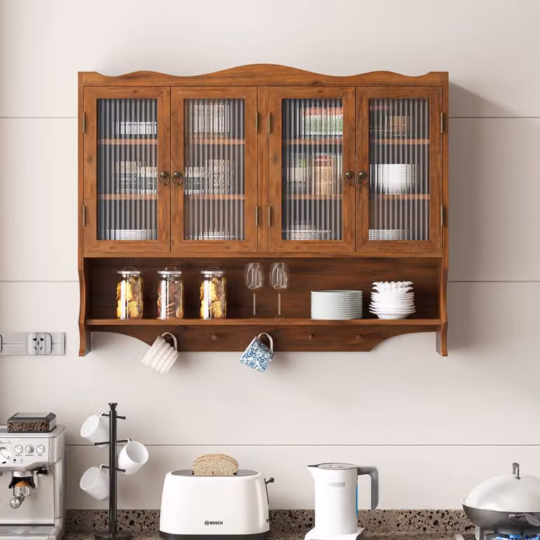 REDOM Wandkast met 4 deuren en open haakrek, Retro design voor badkamer of keuken, Bruin, Hout en Glas, B: 100 cm, D: 20 cm, H: 80 cm