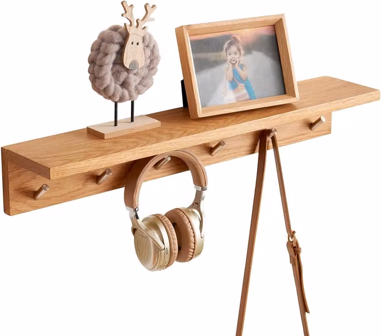 Houten Kapstok Plank Wandrek met Haken van Massief Eikenhout - Natuurlijk - Breedte: 60 cm