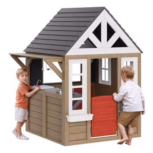 VEVOR Houten Kinderspeelhuis in Landelijke Stijl, Bruin Tuinhuis met Bloempothouders, Barbecue en Wastafel, B/D/H: 166 x 126 x 140,3 cm