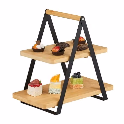 Relaxdays Etagère van bamboe en metaal, 2-laags, zwart/bruin/grijs, B: 34 cm, D: 34 cm, H: 33 cm