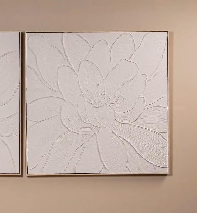 Wandpaneel Florise Canvas met Bloemenmotief in Beige en Wit, 102,5 x 102,5 cm