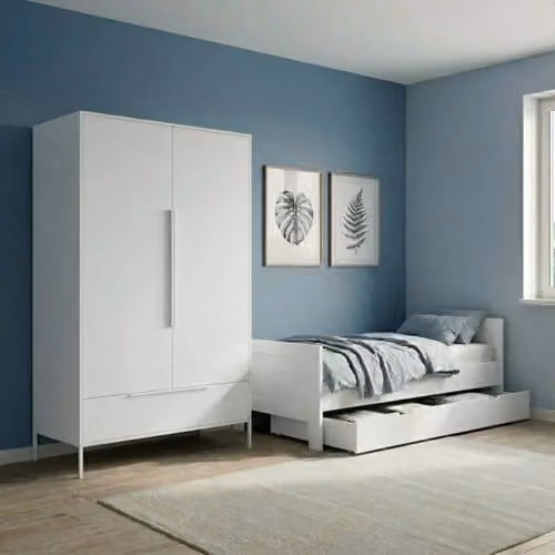 Born Lucky Tienerkamer Set Noel Wit met Bed met Lade en Santiago Kledingkast, 90x200 cm