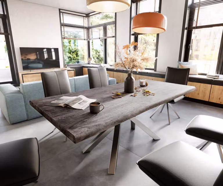 DELIFE Eettafel Edge 200x100 XL Acacia Platina met Edelstaal Kreuzframe en Live-Edge