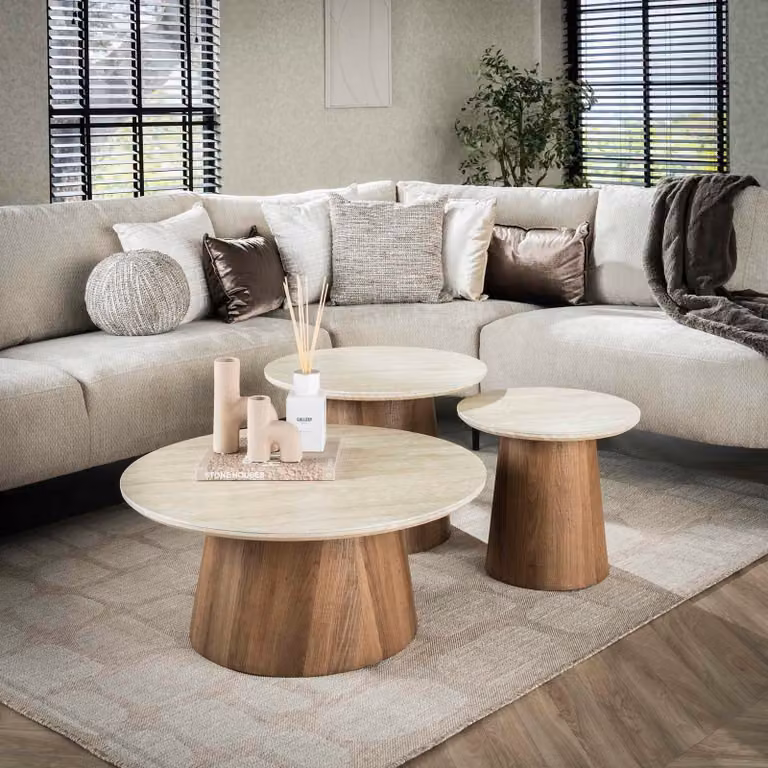 WoonStijl Romano Salontafel set van 3, Beige, Rond, Keramisch en Houtlook
