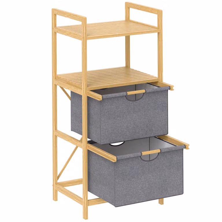 HOMCOM Bamboe Wasrek met 2 Wasmanden en Open Planken, Natuurlijk, B: 44 cm, D: 34 cm, H: 96 cm