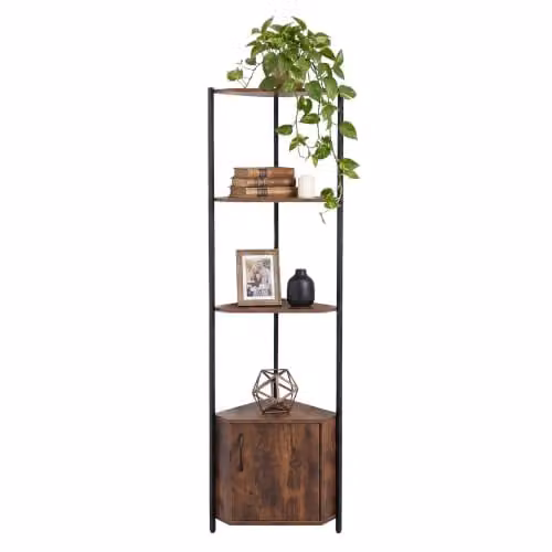 Relaxdays Hoekrek met 5 planken en kast, Bruin/Zwart, H 147 x B 44,5 x D 30 cm