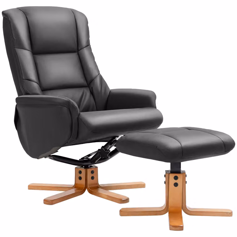 HOMCOM relaxfauteuil met voetenbankje, zwart kunstleer, met lig- en wiegfunctie