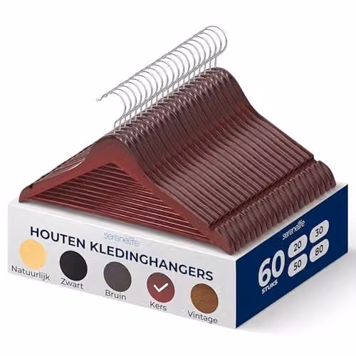 SereneLife Houten Kledinghangers met Antislip en 360° Draaibare Haak - 60 Stuks