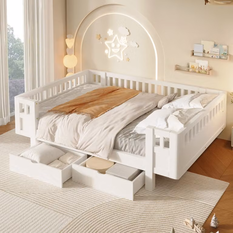 Merax Tweepersoonsbed met hoge zijhekken en twee grote laden, Wit, 140 x 200 cm