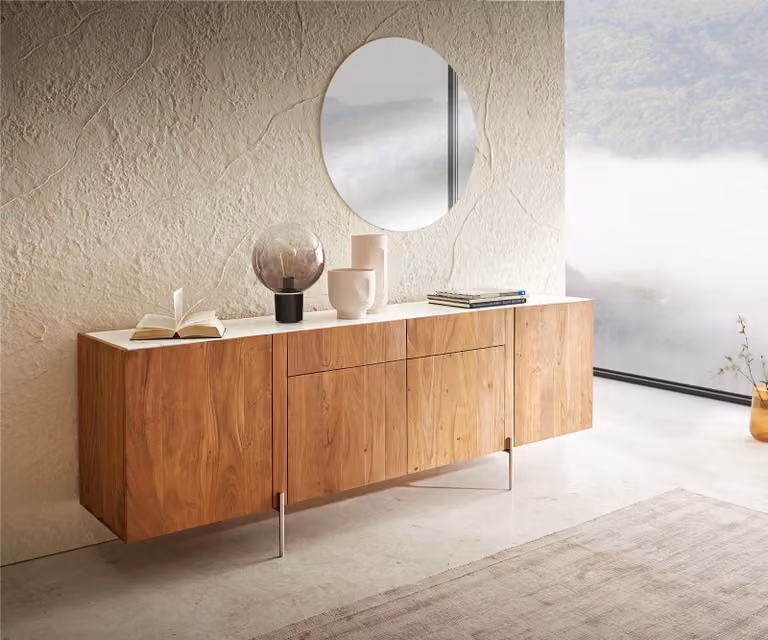 DELIFE Secara Commode van Acaciahout en Marmer, 4 Deuren en 2 Laden, Natuur, Breedte: 200 cm