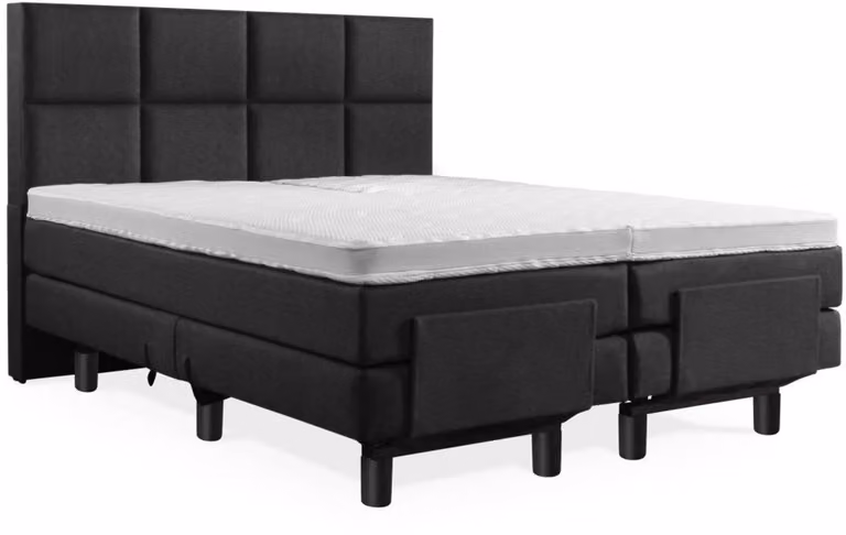 Elektrische Boxspring voor 2 personen met 8-vaks hoofdbord in gitzwart lederlook, B/D: 200 x 190 cm