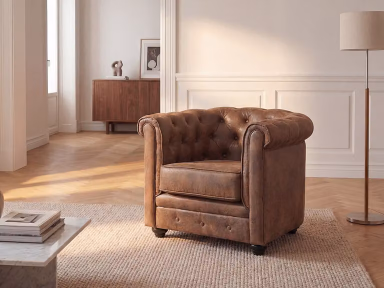 Vente-unique Chesterfield fauteuil van microvezel met vintage look in bruin