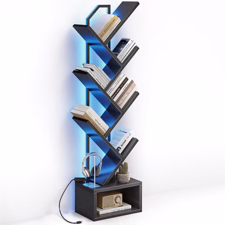 Boomvormige Boekenkast met 6 Open Planken en LED Verlichting - Houten Staande Boekenkast voor Woonkamer, Slaapkamer of Kantoor - Hoogte: 110,5 cm