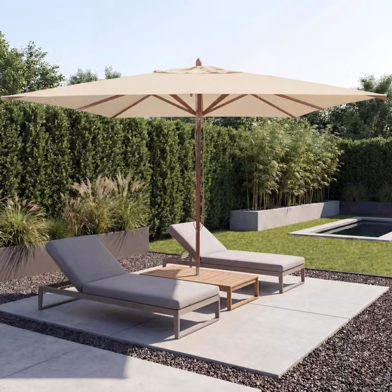 Mendler Gastronomie houten zonnescherm HWC-C57b met touwbediening, crème, 4 x 4 meter