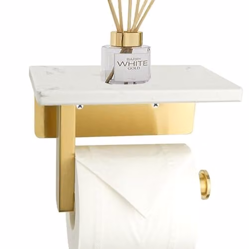 Toiletrolhouder met plank, goud marmer en geborsteld roestvrij staal, wit, wandmontage