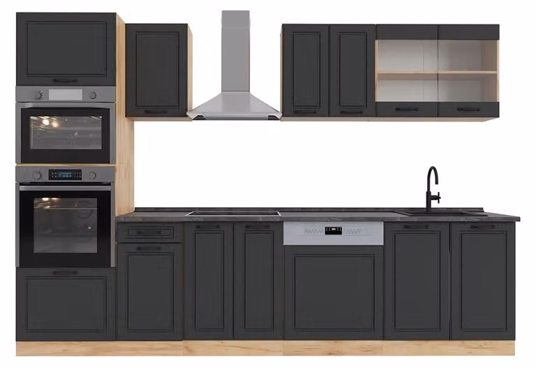 Vicco R-Line Keukeneenheid Antraciet en Gouden Eik met Hoge Kast, 300 cm