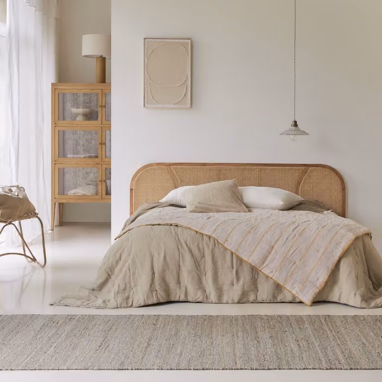 Tikamoon Hoofdbord van massief mindihout en rotan vlechtwerk - Beige - Breedte: 200 cm