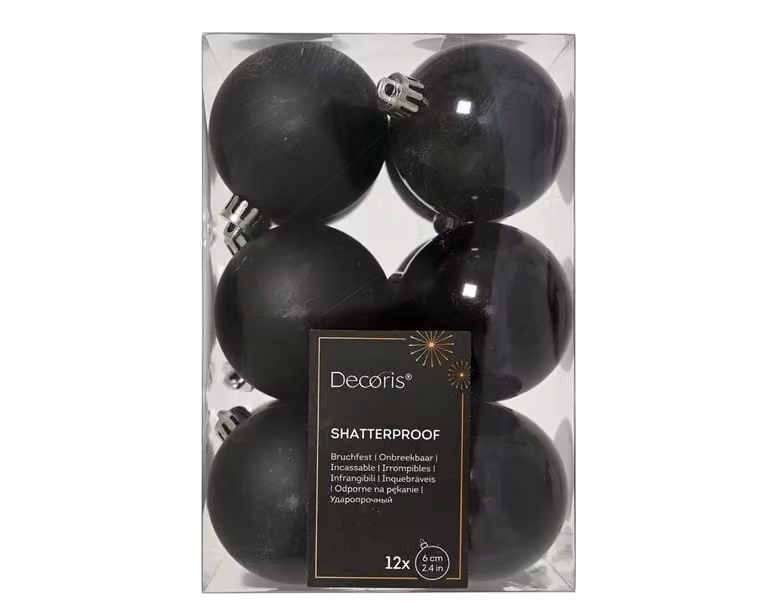 12 onbreekbare kerstballen zwart van Decoris, diameter 6 cm
